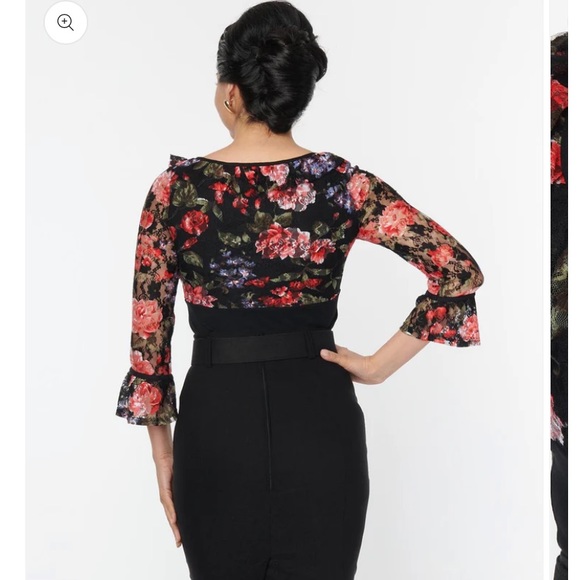 Unique Vintage NWT Black Floral Lace Knit Blouse - Picture 2 of 6